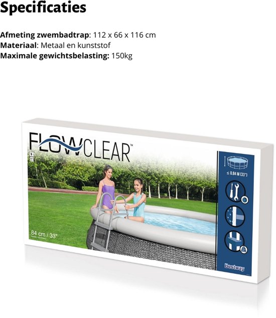 Doos van een Bestway Flowclear zwembad met een afbeelding van twee vrouwen bij een zwembad en technische specificaties.