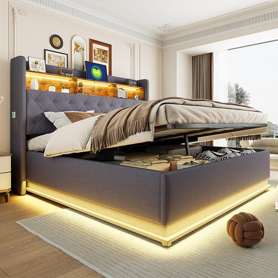 Dubbel Gewatteerd Opbergbed - 160 X 200 Cm - Met Hydraulische Opberg Leds Usb Met Matras Fluweel Beige