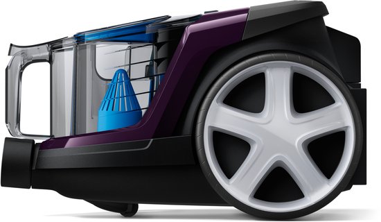 Vue latérale d'un aspirateur violet Philips avec de grandes roues et un bac transparent.