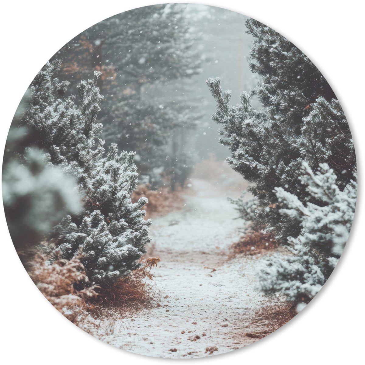 Muismat rond 30x30 cm - Mousepad Bos - Winter - Bomen - Natuur - Pad - Sneeuw - Ronde muismatten