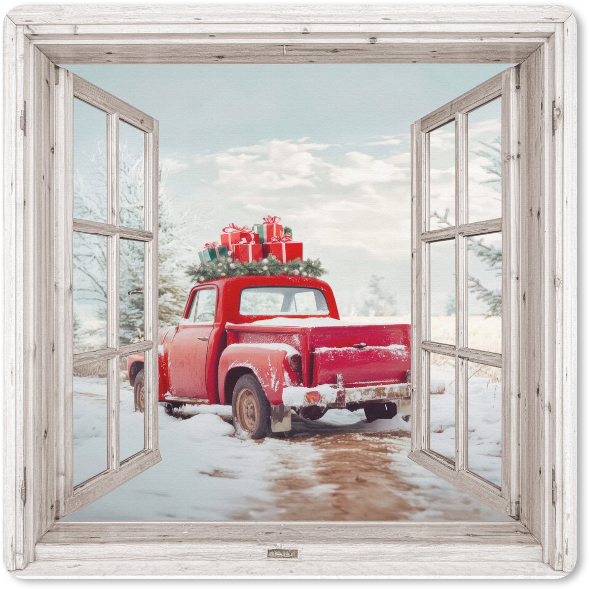 Muismat 30x30 cm - Mousepad Auto - Rood - Cadeaus - Winter - Kerst - Doorkijk - Wit - Muismatten