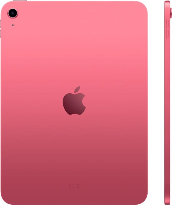 Roze iPad, voorkant en zijkant, met het Apple logo op de achterkant.