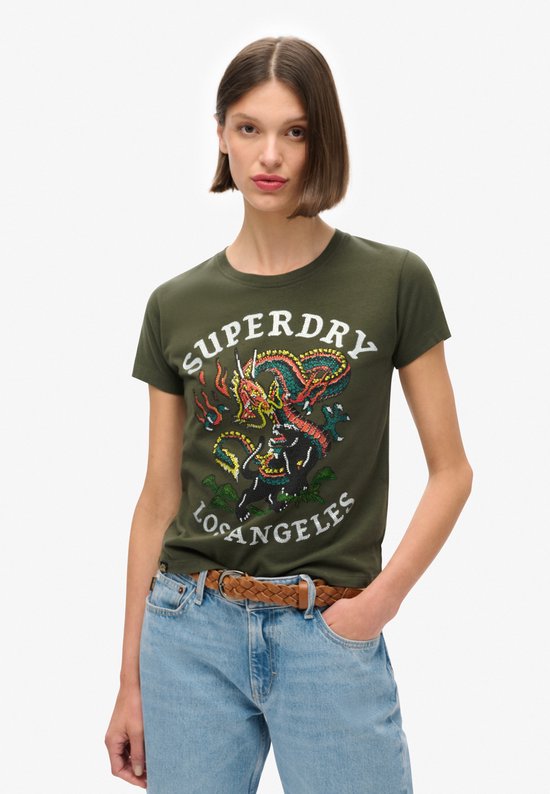 Superdry - Tattoo Rhinestone getailleerd T-shirt - Dames - T-shirts