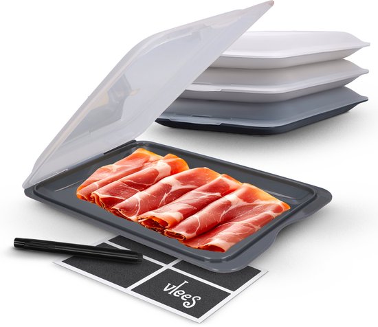 Deleca Lot de 4 boîtes à charcuterie pour koelkast - Empilables - Boîtes à charcuterie / Boîtes à fromage - Boîtes de conservation / Boîte de rangement avec couvercle - Incl. Autocollants pour tableau noir pour l'étiquetage