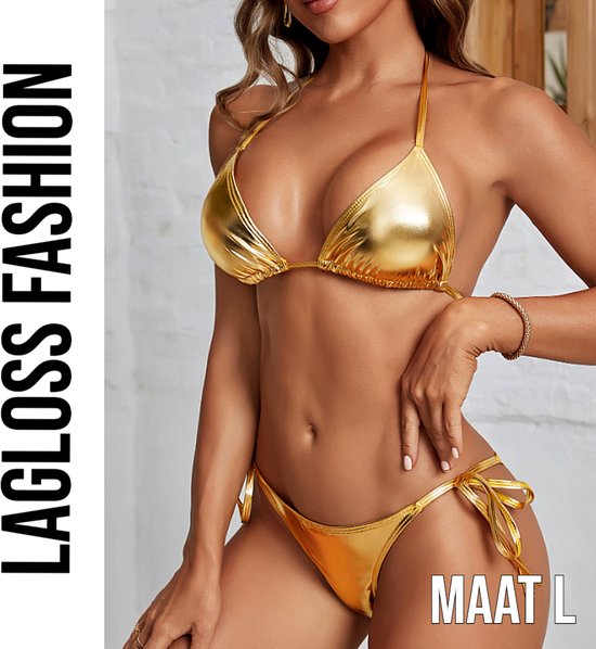 Set bikini sexy doré LaGloss® – Mode maillots de bains 2 pièces brillant avec fermeture à nouer – Taille L