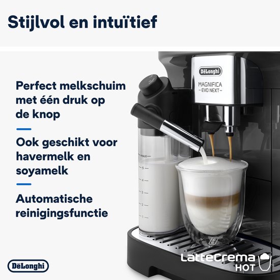 Zwarte volautomaat zet een latte macchiato. Tekst: "Perfect melkschuim met één druk op de knop".