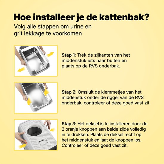 Jake and Jacky RVS Kattenbak Hop In - Kattentoilet Roestvrijstaal - Incl. Kattenbakschep met Houder en Gritopvang Opstapje - Top Entry - 3 in 1 Open Kattenbak met Afneembare Deksel - 60x40x38cm - Grijs