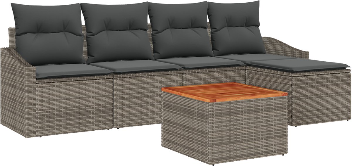 vidaXL - Tuinbank - Set - met - kussen - 6 - pcs - Grijs - poly - rattan