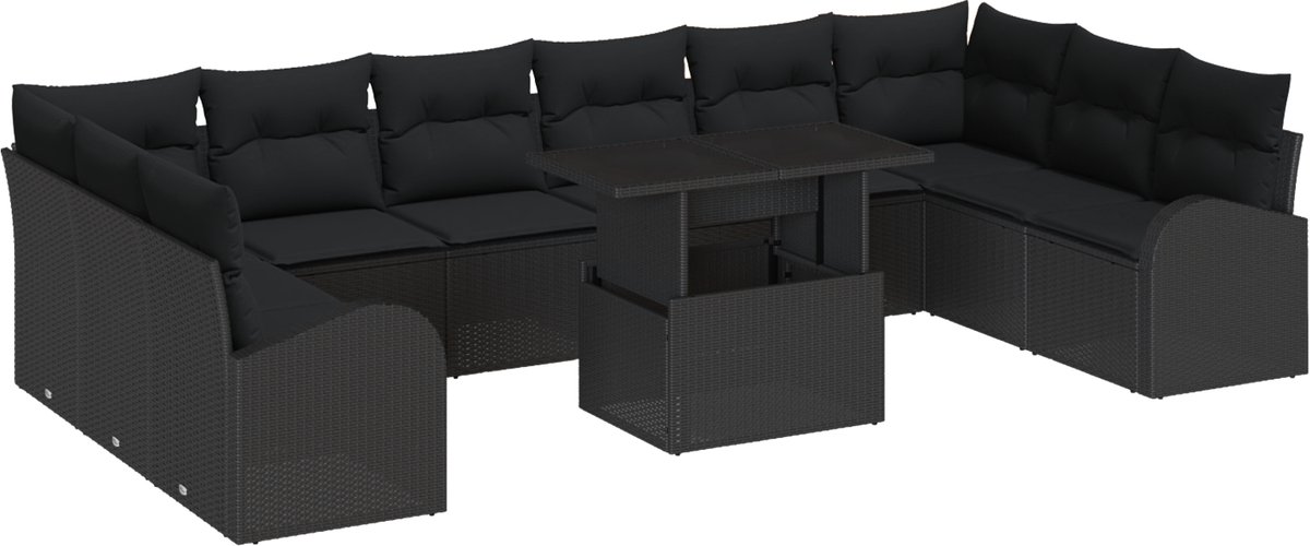 vidaXL - Tuinbank - Set - met - opslag - met - kussen - 11 - pcs - Zwart - poly - rattan
