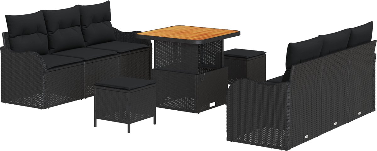 vidaXL - Tuinbank - Set - met - kussen - 9 - pcs - Zwart - poly - rattan
