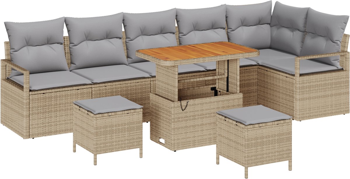 vidaXL - Tuinbank - Set - met - kussen - 9 - pcs - Beige - Poly - rattan