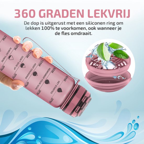 Bouteille d'eau Lekro avec marqueurs de temps - Gourde de motivation avec filtre à fruits et Shake Ball/Shaker - 1 litre - Sans BPA - Or rose
