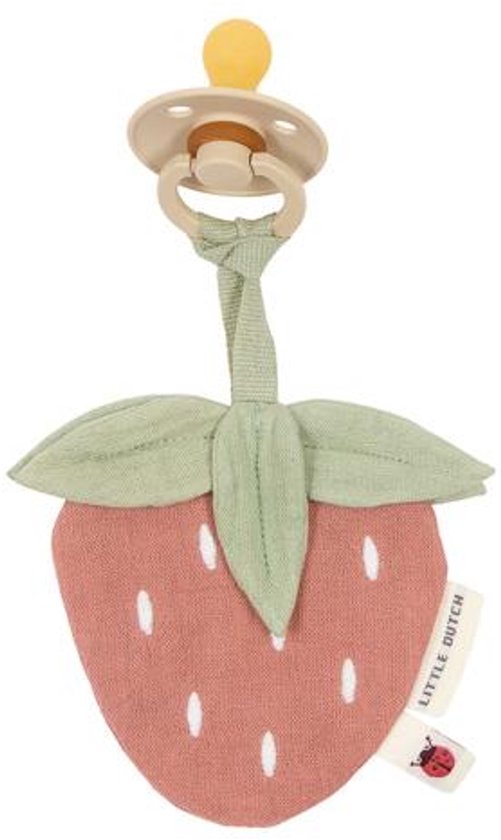 Roze aardbeien speendoekje met groene blaadjes, witte zaadjes en een gele speen.