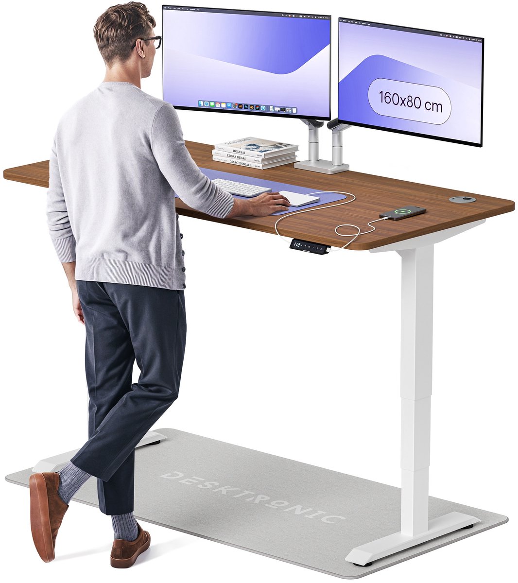 Desktronic HomePro Zit-sta Bureau Elektrisch In Hoogte Verstelbaar, 160x80cm Wit/Notenhout, Stille Dubbele Motor, Hoogte 62-126cm