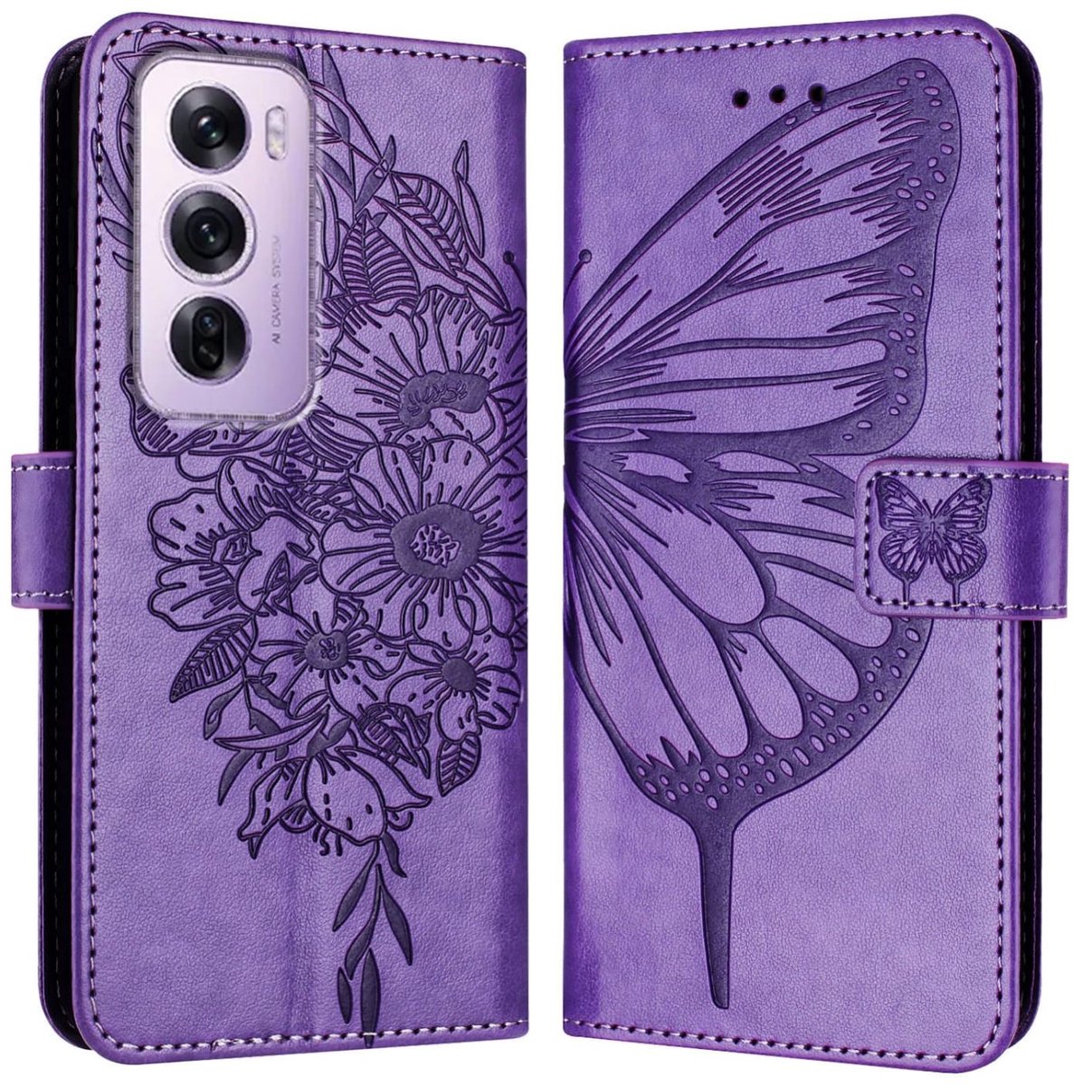 Mobigear Telefoonhoesje geschikt voor OPPO Reno 12 Pro Hoesje | Mobigear Butterfly Bookcase Portemonnee | Pasjeshouder voor 3 Pasjes | Telefoonhoesje voor Pinpas / OV Kaart / Rijbewijs - Paars
