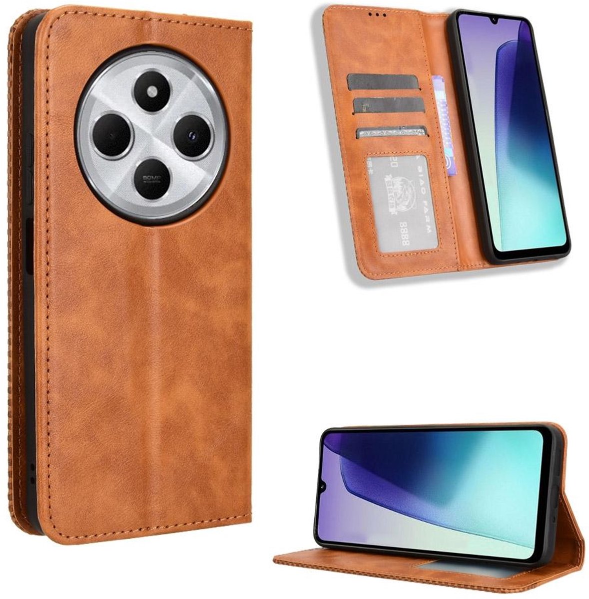 Mobigear Telefoonhoesje geschikt voor Xiaomi Redmi 14C Hoesje | Mobigear Sensation Bookcase Portemonnee | Pasjeshouder voor 3 Pasjes | Telefoonhoesje voor Pinpas / OV Kaart / Rijbewijs - Bruin