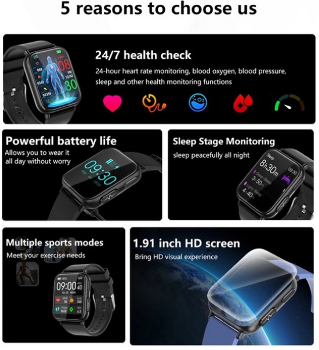 Afbeelding 3 van Nauwkeurige Smartwatch Bloedglucose Meting Blauw