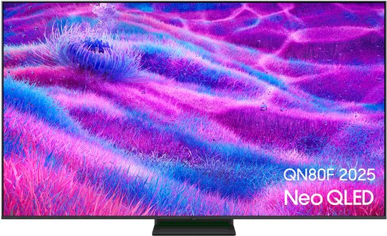Qled tv met paarse en blauwe bubbels en planten, met tekst 'QN80F 2025 Neo QLED'.
