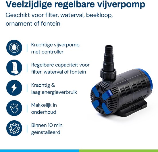 BluFlow Control 8.000 - Regelbare vijverpomp voor in vijver of droogopstelling - Geschikt voor filter waterval beekloop - Incl. controller - 8.000 l/uur - 18-80 watt