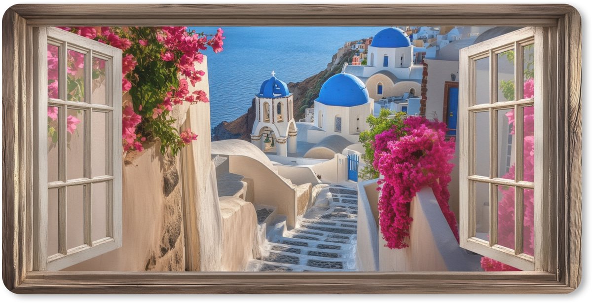 Muismat XXL 120x60 cm - Bureau onderlegger - Bureau mat Doorkijk - Santorini - Landschap - Blauw - Grieks - Bureaumat - Gaming mousepad xl - Bureaulegger groot - Computer deskmat