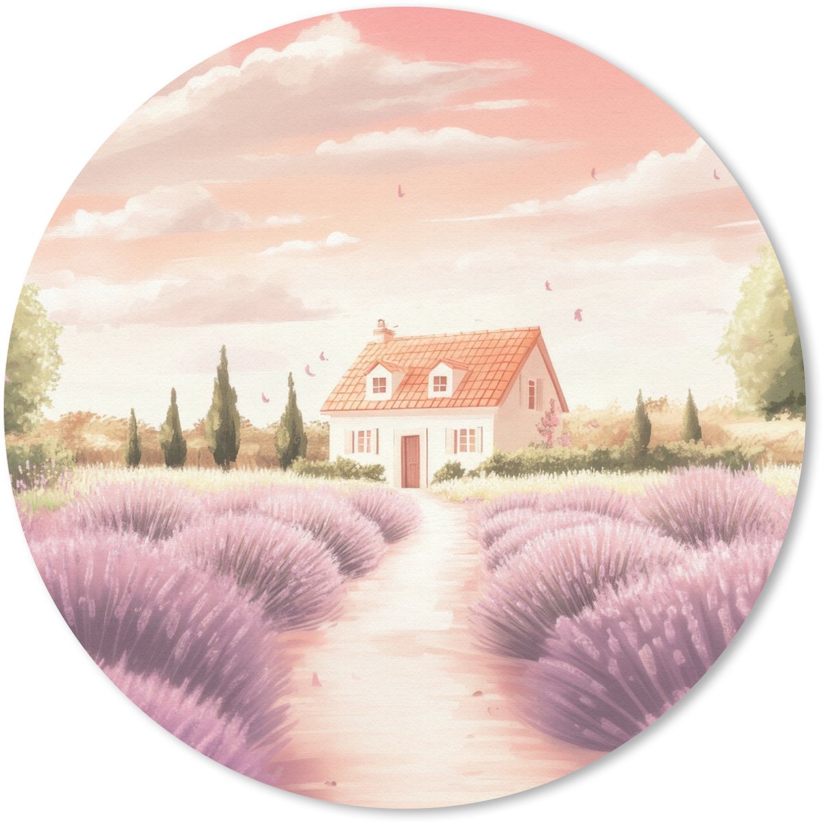 Muismat rond 50x50 cm - Mousepad Lavendelveld - Huis - Paars - Ronde muismatten