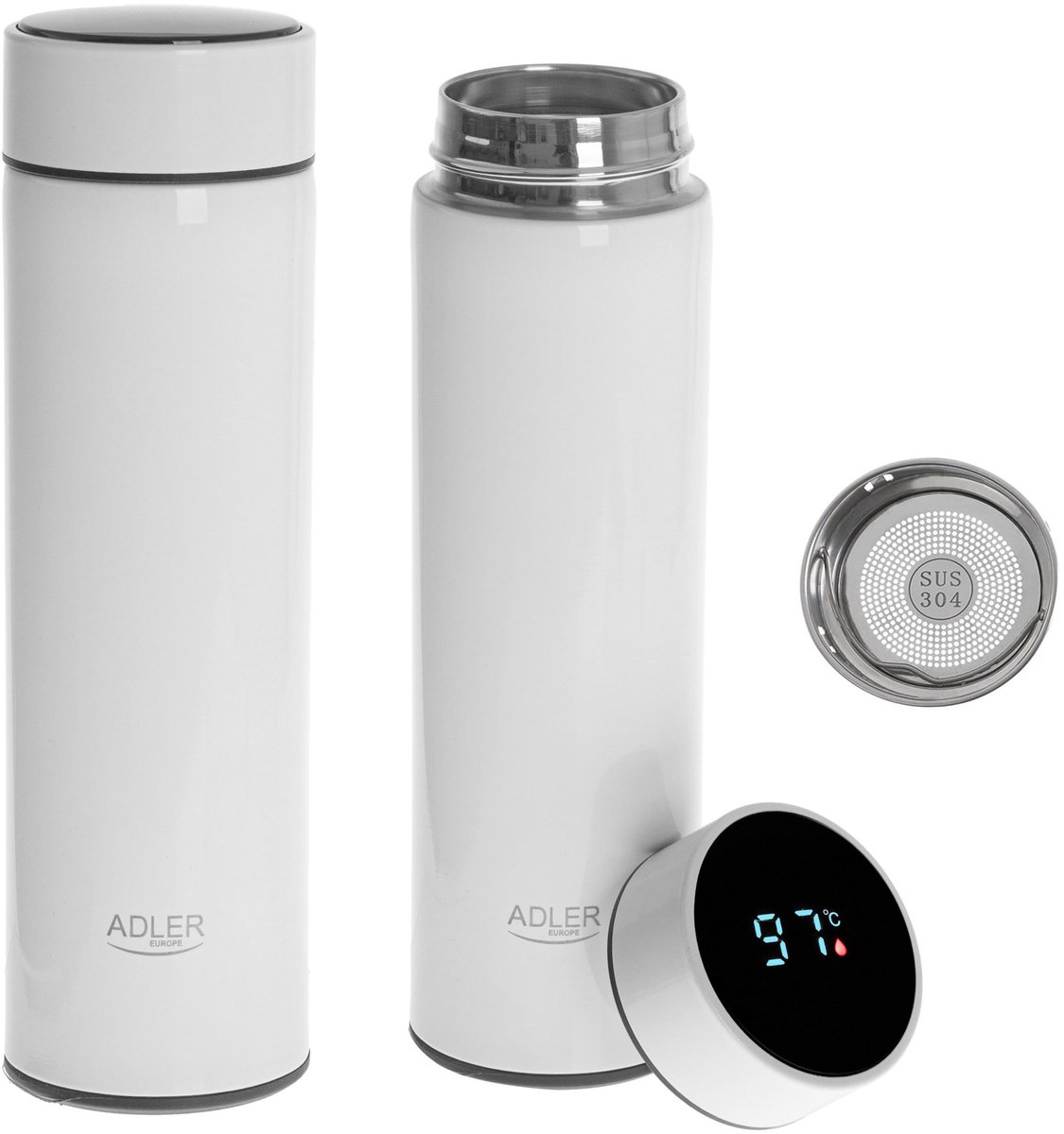 Adler - Thermos met LED-touchdisplay - inhoud 473 ml - kleur wit, AD 4506