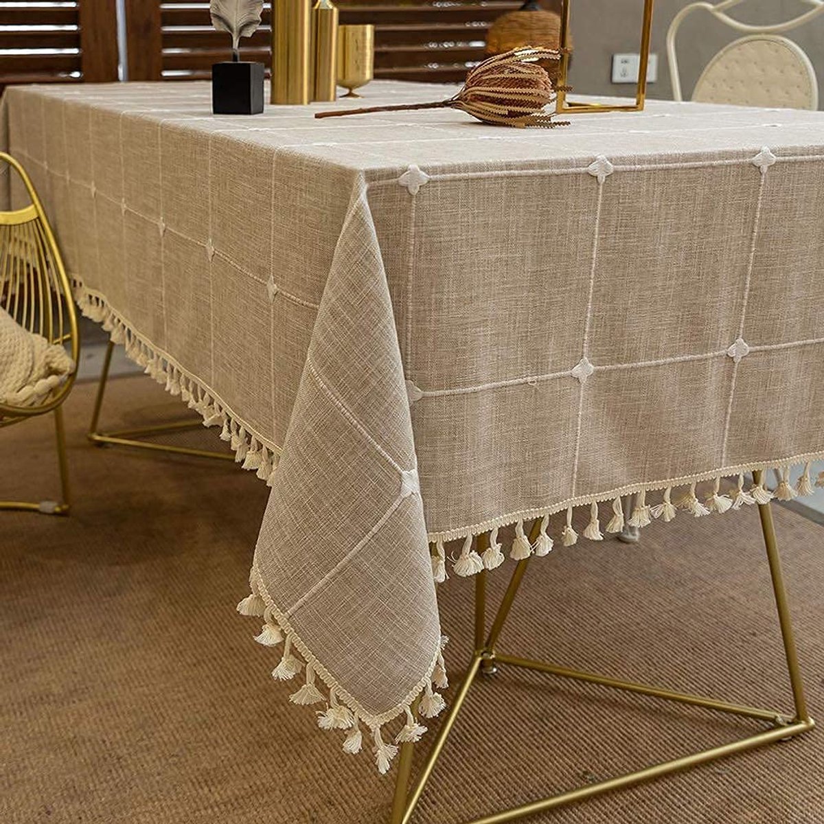 Unyqoos ® Tijdloos en Elegant Tafelkleed met Kwastjes voor Binnen- en Buiten Gebruik, Katoen en Linnen Mix, Wasbaar