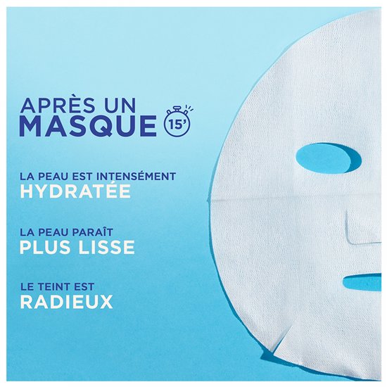 Een Garnier SkinActive Hydra Bomb masker met de tekst "Après un Masque" en "15 minuten".