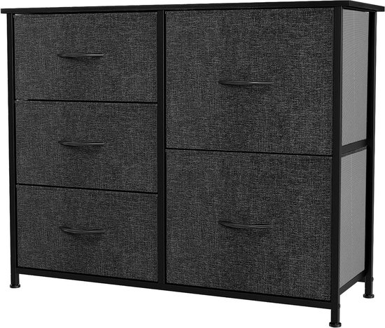 YITAHOME Ladekast slaapkamer met 5 laden opbergunit stalen frame houten top stoffen dressoir voor slaapkamer woonkamer, kinderkamer, kast, lichte houtkleur