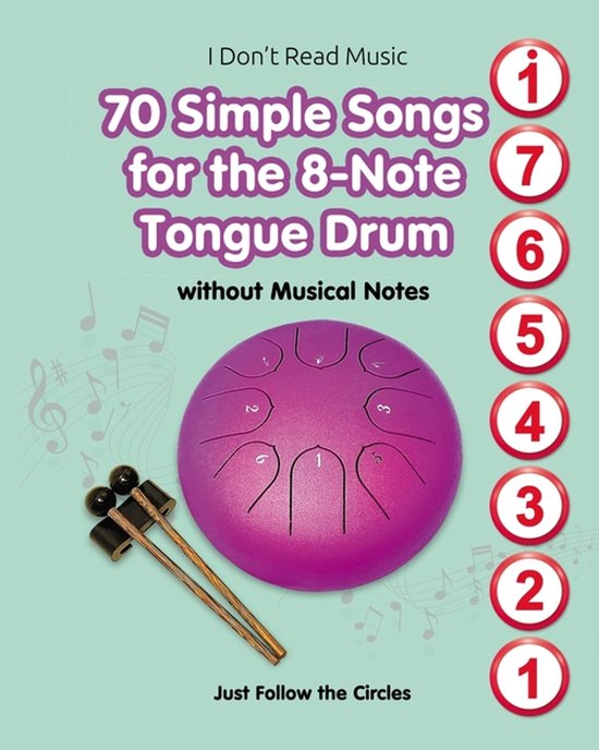 Tambour à langue violet de 8 notes avec 2 baguettes. "70 Simple Songs for the 8-Note Tongue Drum".