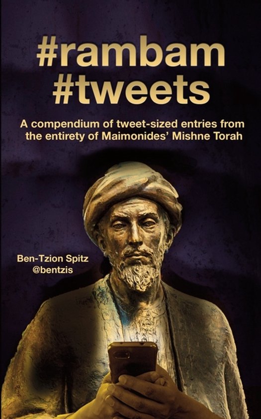 Couverture de livre avec le texte '#rambam #tweets' et une statue d'un homme tenant un smartphone.