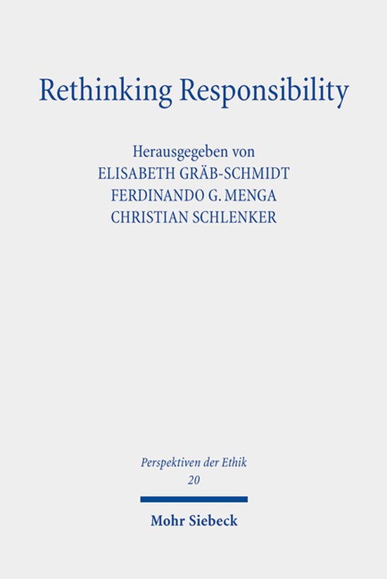 Boek kaft met de titel "Rethinking Responsibility" in blauwe letters. Oorsprong: Mohr Siebeck.