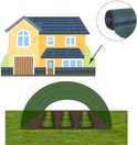 Illustratie van een huis met een tuin. Schaduwdoek wordt gebruikt om een tunnelvormige kas voor planten te maken.