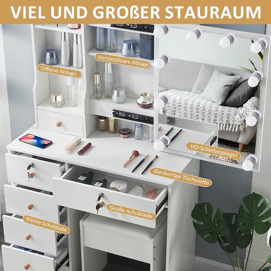 Saimeihome Make-uptafel met verlichting, instelbare helderheid, kaptafel met spiegel en kruk, make-uptafel met 6 laden, 6 planken, 80 x 36 x 130 cm