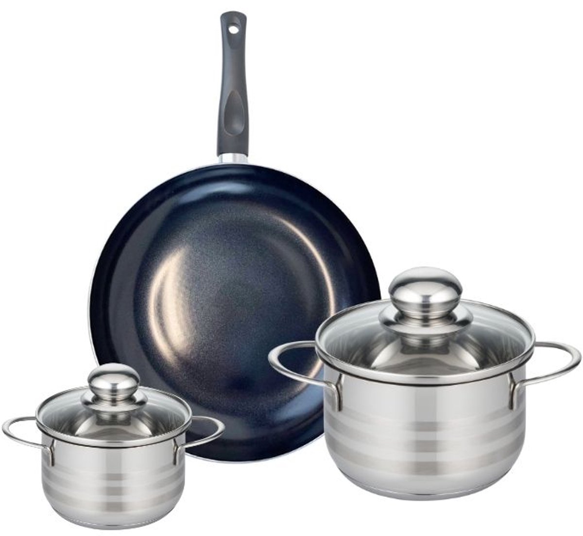 Set van 1 Koekenpan 24 cm en 2 kookpotten 12 en 16 cm Elo Prima Glanzend