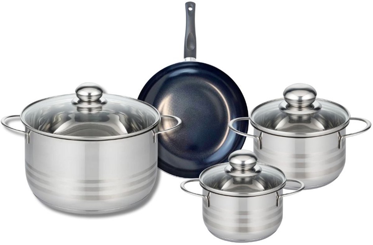 Set van 1 Koekenpan 20 cm en 3 kookpotten 14, 16 en 24 cm Elo Prima Glanzend