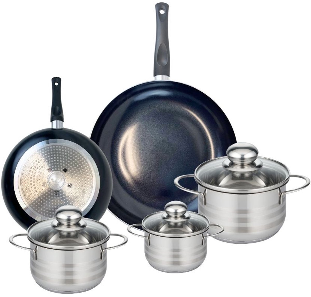 Set van 2 Koekenpannen 20 en 28 cm en 3 kookpotten 12, 14 en 16 cm Elo Prima Brillant
