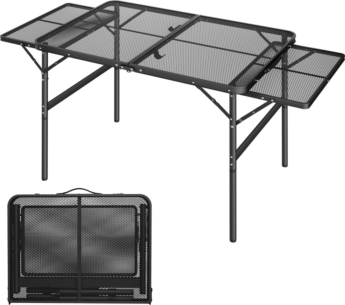 Aufun draagbare campingtafel, inklapbare multifunctionele tafel 90 x 60 x 39 cm, 2-voudig in hoogte verstelbaar, grilltafel met metalen roosterblad, opvouwbare tuintafel, bijzettafel voor strand en picknick