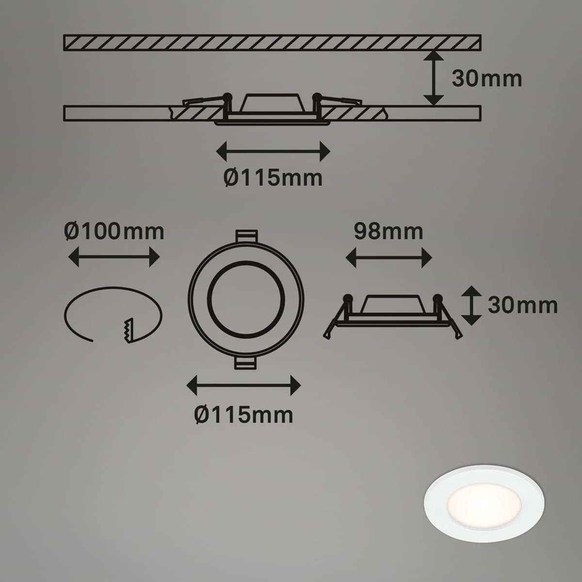 BRILONER - LED inbouwarmatuur - badkamerlamp - dimbaar - IP44 - 6W - warm wit - wit - Ø11,5 cm
