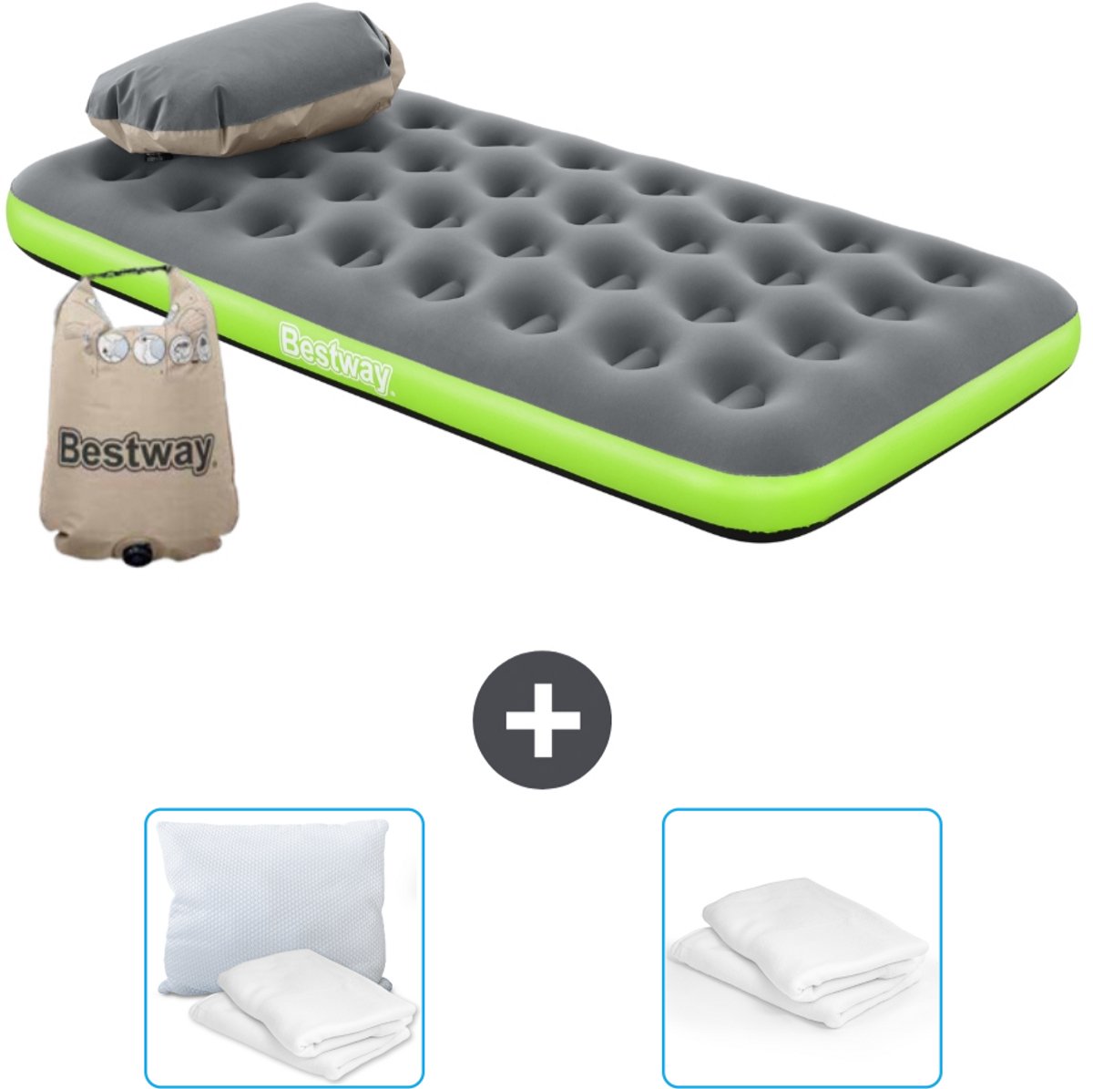 Bestway luchtbed - 1-Persoons - 99 x 188 x 22 cm - Grijs/Groen - Inclusief Kussen en Kussenbeschermer