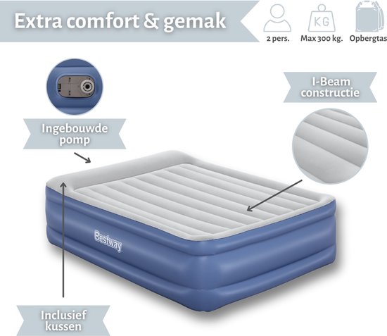Bestway luchtbed - 2-Persoons - 152 x 203 x 56 cm - Grijs/Blauw - Inclusief pomp - Kussen en Kussenbeschermer van Bestway — afbeelding 4