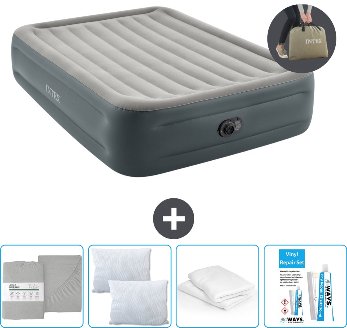 Intex Luchtbed - 2-Persoons - 152 x 203 x 46 cm - Grijs - Inclusief pomp - Hoeslaken - Kussen - Reparatieset en Kussenbeschermer