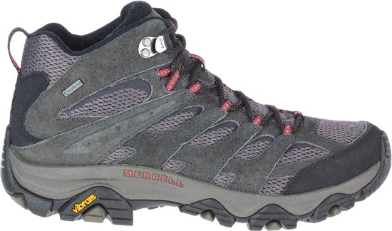 Grijze Merrell wandelschoen met Gore-Tex, rode veters en Vibram zool.