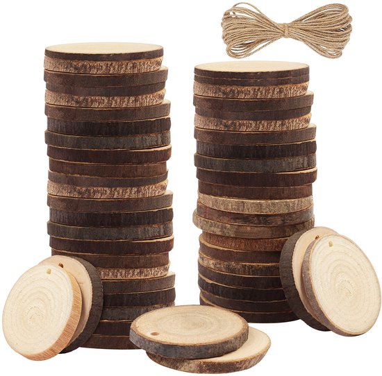 Kurtzy Disques en Bois Naturel Brut (Paquet de 50) - 3-5 cm de diamètre et 5 mm d'épaisseur - Trous pré-percés & 10 m de corde de jute - Disques en bois rustique avec écorce et finition lisse - Hobby & Décoration