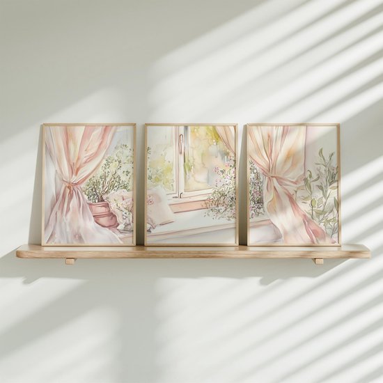 FineArtia - Betoverend raam met bloemen – Dromerig watercolor decor - Poster Set - 3 stuks - 20-x-30-cm - Meisjeskamer - Babykamer - Babyshower Cadeau - Wanddecoratie - Kinderkamer decoratie - Muurdecoratie - Kinderposter - Zonder Lijst