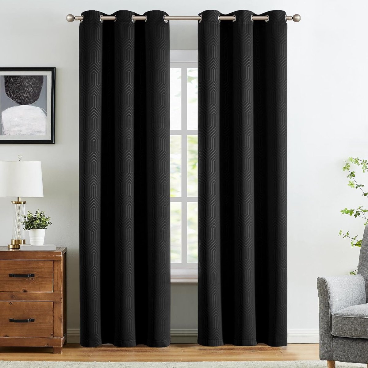 Ibenzoa Premium Thermische Verduisteringsgordijnen met Geometrisch Patron en Kattenogen, Set van 2, 140x245 cm, Zwart