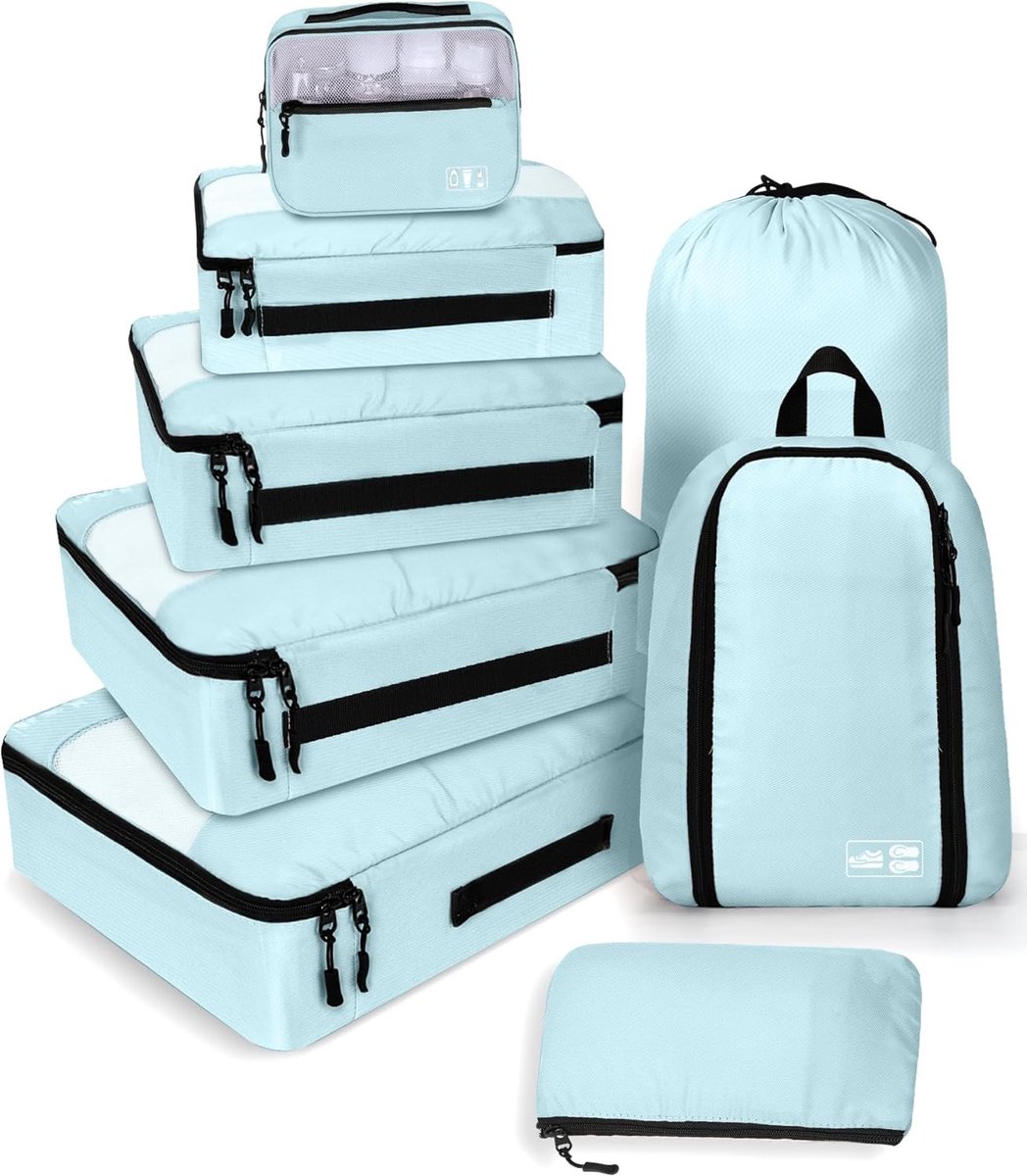 Ibenzoa® Compleet Kledingopbergingsset - 8 Onderdelen, Lichtblauw - Ideaal voor Reizen en Vakanties