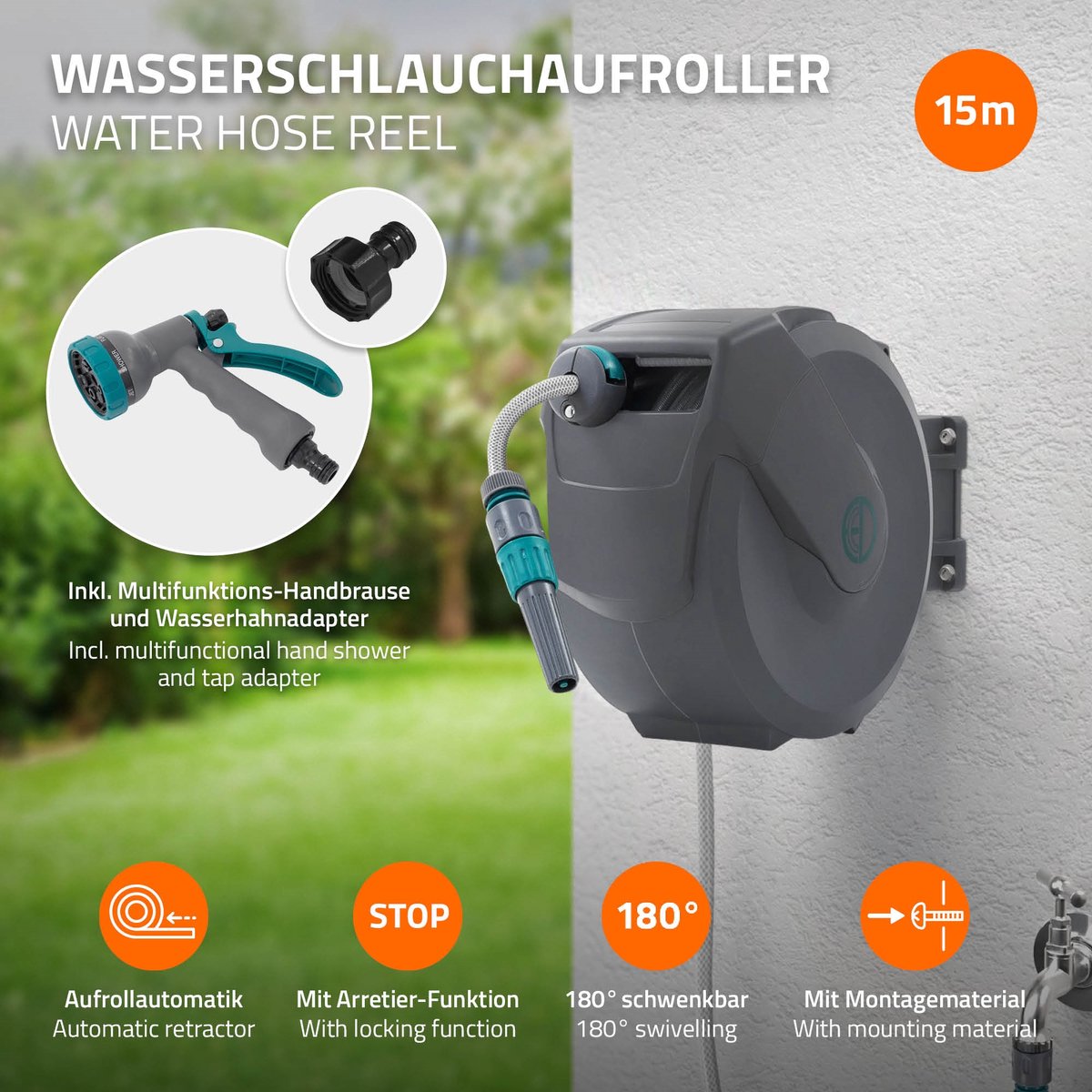 ECD Germany rollup tuinslanghaspel 15m+1,5m muurgemonteerde slanghouder met automatisch oprolmechanisme vergrendelingssysteem 9 sproeifuncties 180° zwenkbaar waterslangbox voor wandbevestiging ideaal voor tuin en terrasonderhoud – foto 2