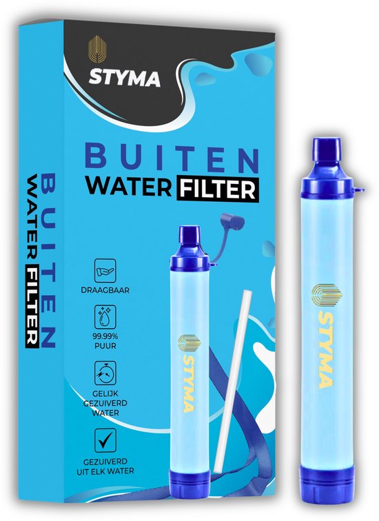 Verpakking en waterfilter voor buitengebruik. Filtert 99,99% puur water.