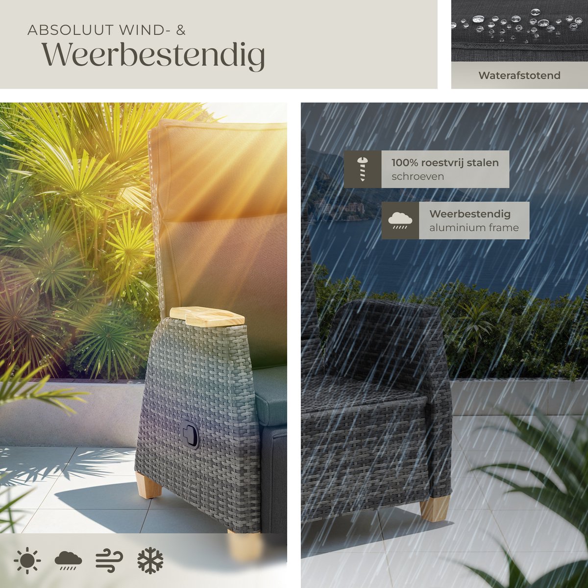 tectake® Set van 2 Wicker Buitenfauteuils - Tuinstoel met Hoge Rugleuning - Met Voetsteun en Verstelbare Rugleuning - Relaxstoel met Ligfunctie - Loungestoel voor Tuin - Ligstoel - Leesstoel - Incl. Ruimte voor Beker/Glas – foto 8